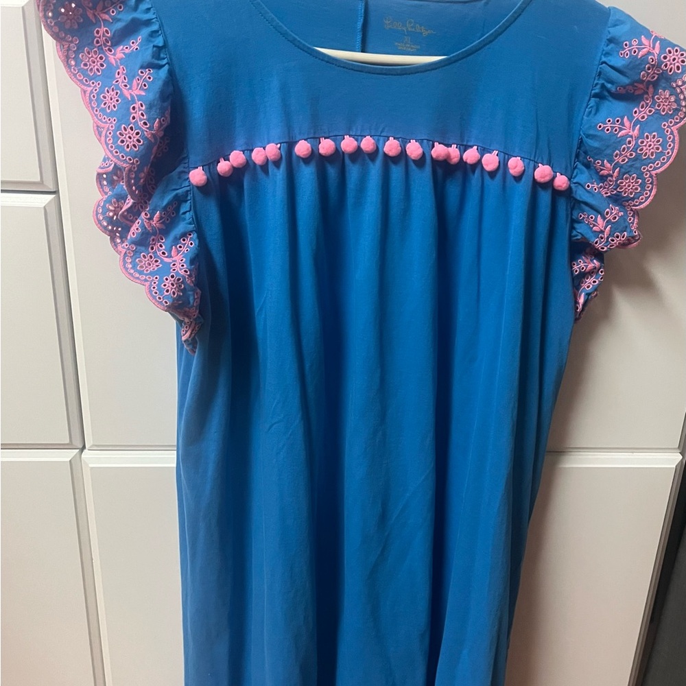 Lilly Pulitzer XL Pink and Blue Cotton Dress with Pom poms